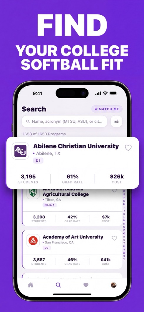 Softball Bound screenshot: find your college fit