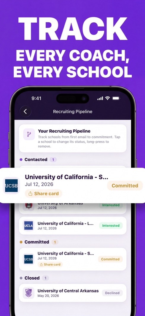 Softball Bound screenshot: track your recruiting pipeline