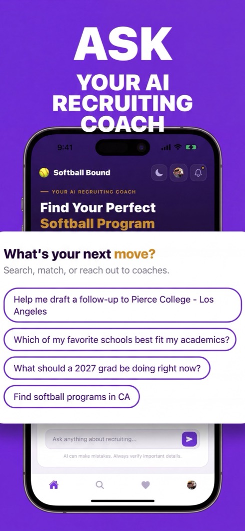 Softball Bound screenshot: ask the AI recruiting coach