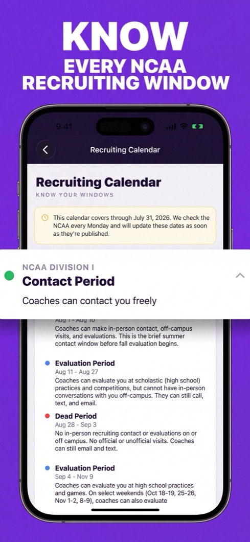 Softball Bound screenshot: know the NCAA recruiting windows