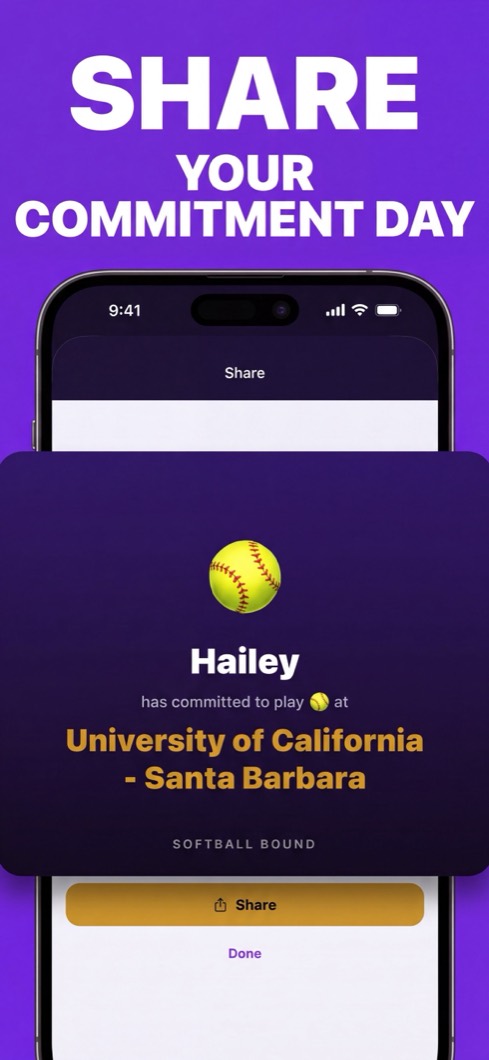 Softball Bound screenshot: share your commitment announcement